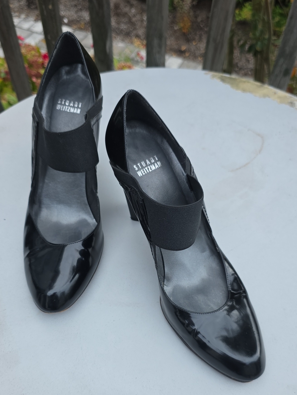 Stuart Weitzman Black Patent Mary Jane Block Heels